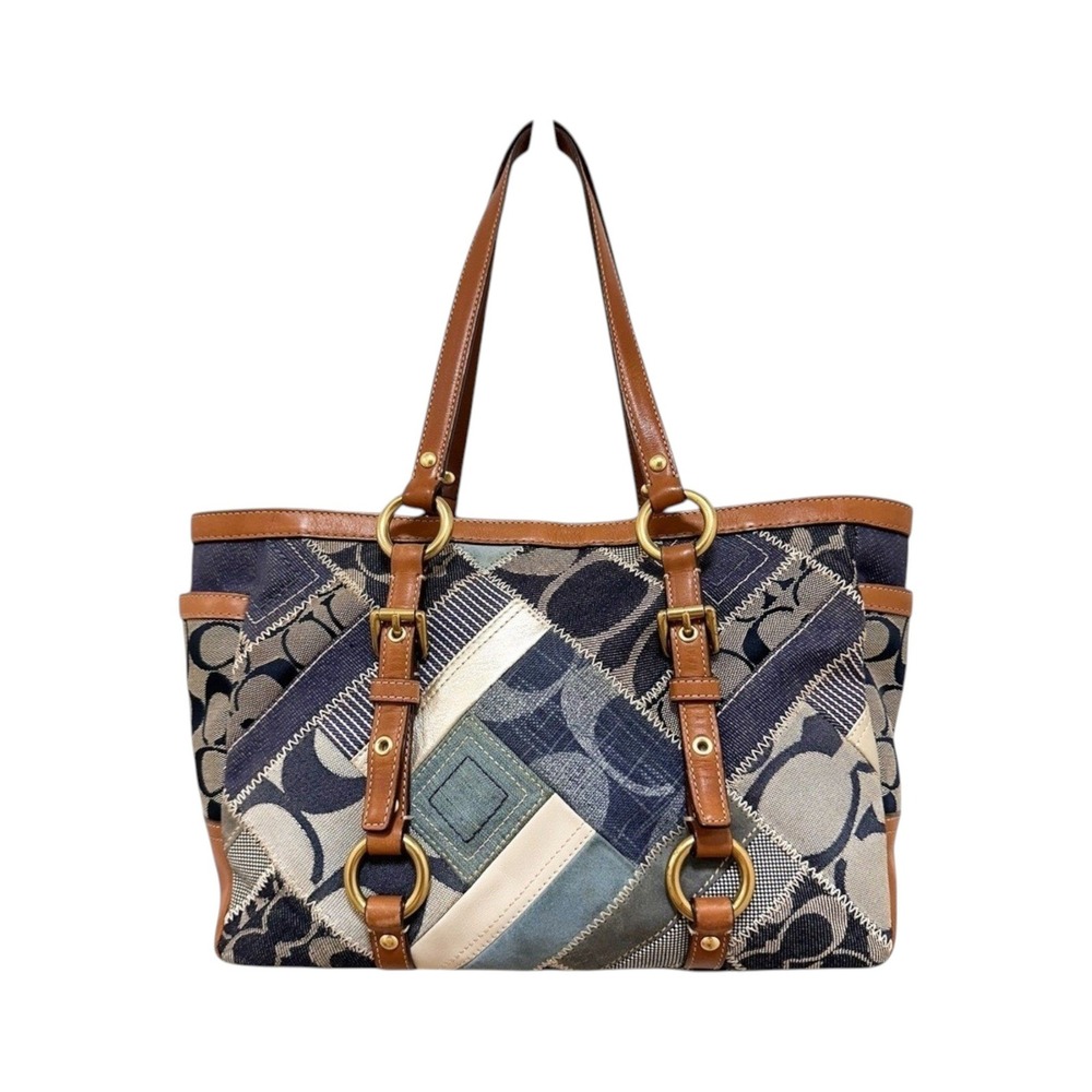 Coach Signature Denim Patchwork Gallery Tote Blue Brown Y2K 12217 - Picture 4 of 8